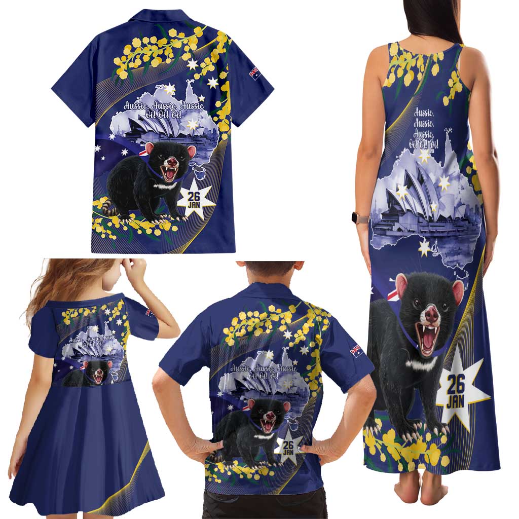 Tasimania Devil Australia Day Family Matching Tank Maxi Dress and Hawaiian Shirt Aussie Aussie Aussie Oi! Oi! Oi! - Blue