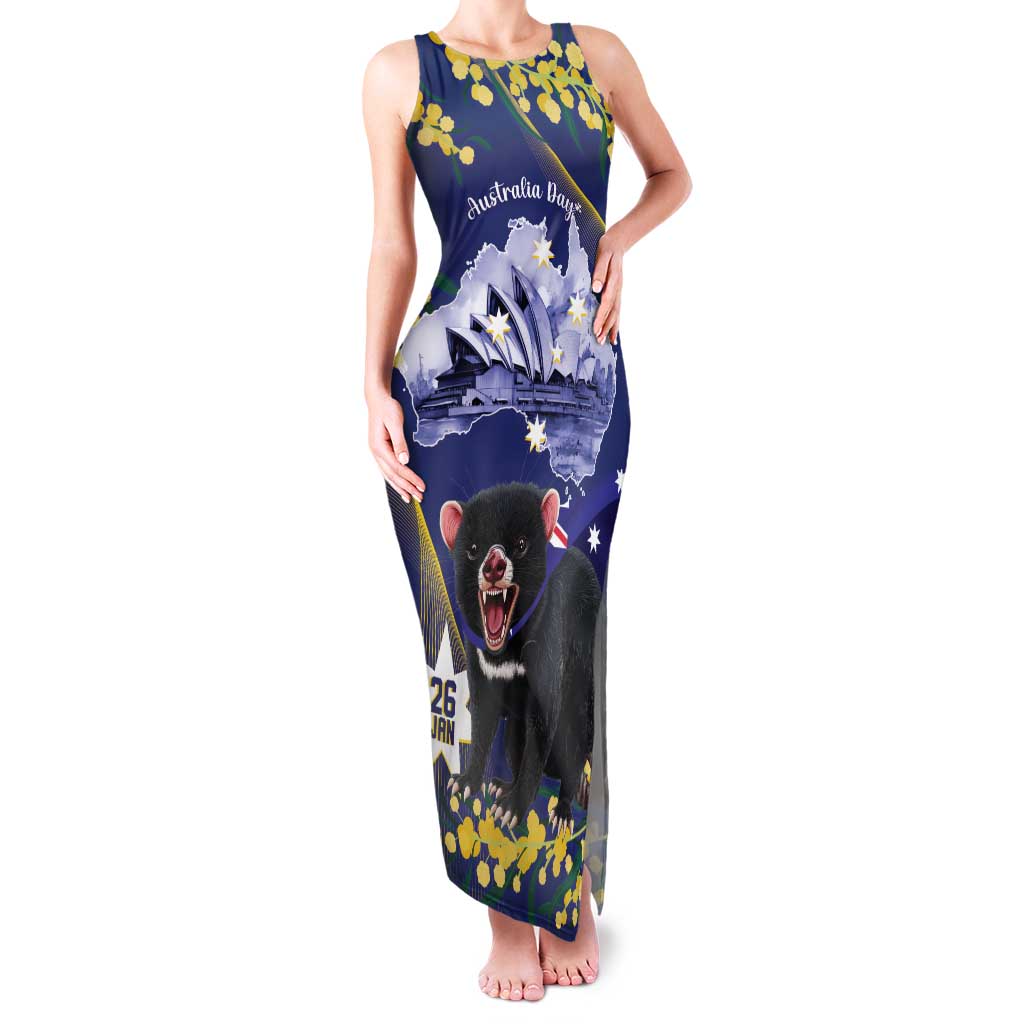 Tasimania Devil Australia Day Family Matching Tank Maxi Dress and Hawaiian Shirt Aussie Aussie Aussie Oi! Oi! Oi! - Blue