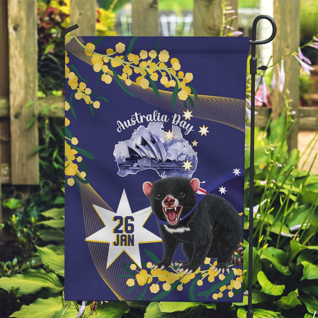 Tasimania Devil Australia Day Garden Flag Aussie Aussie Aussie Oi! Oi! Oi! - Blue - Vibe Hoodie Shop