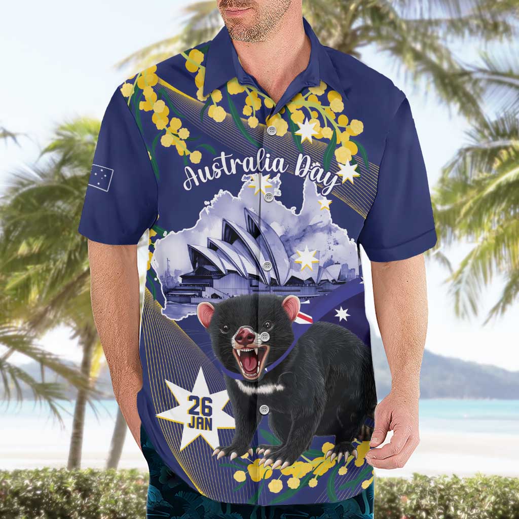 Tasimania Devil Australia Day Hawaiian Shirt Aussie Aussie Aussie Oi! Oi! Oi! - Blue - Vibe Hoodie Shop