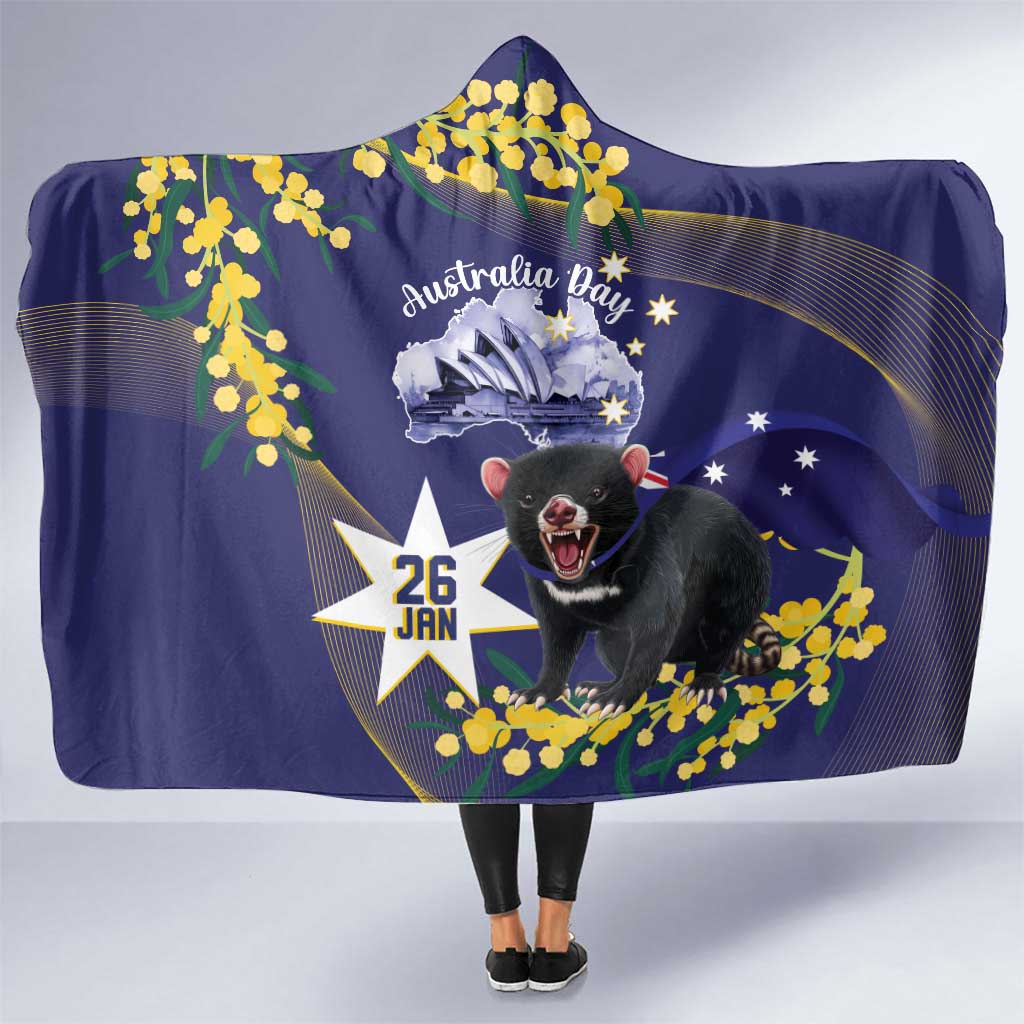 Tasimania Devil Australia Day Hooded Blanket Aussie Aussie Aussie Oi! Oi! Oi! - Blue