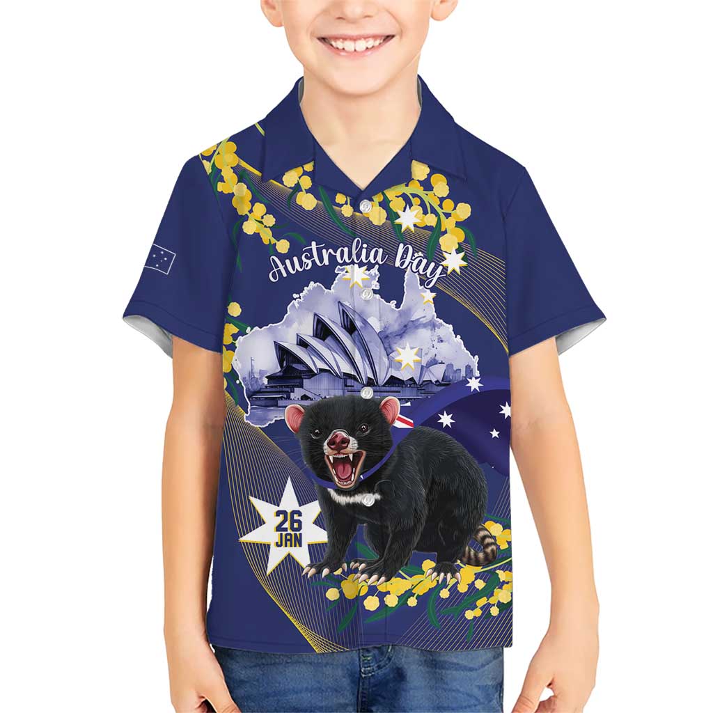 Tasimania Devil Australia Day Kid Hawaiian Shirt Aussie Aussie Aussie Oi! Oi! Oi! - Blue