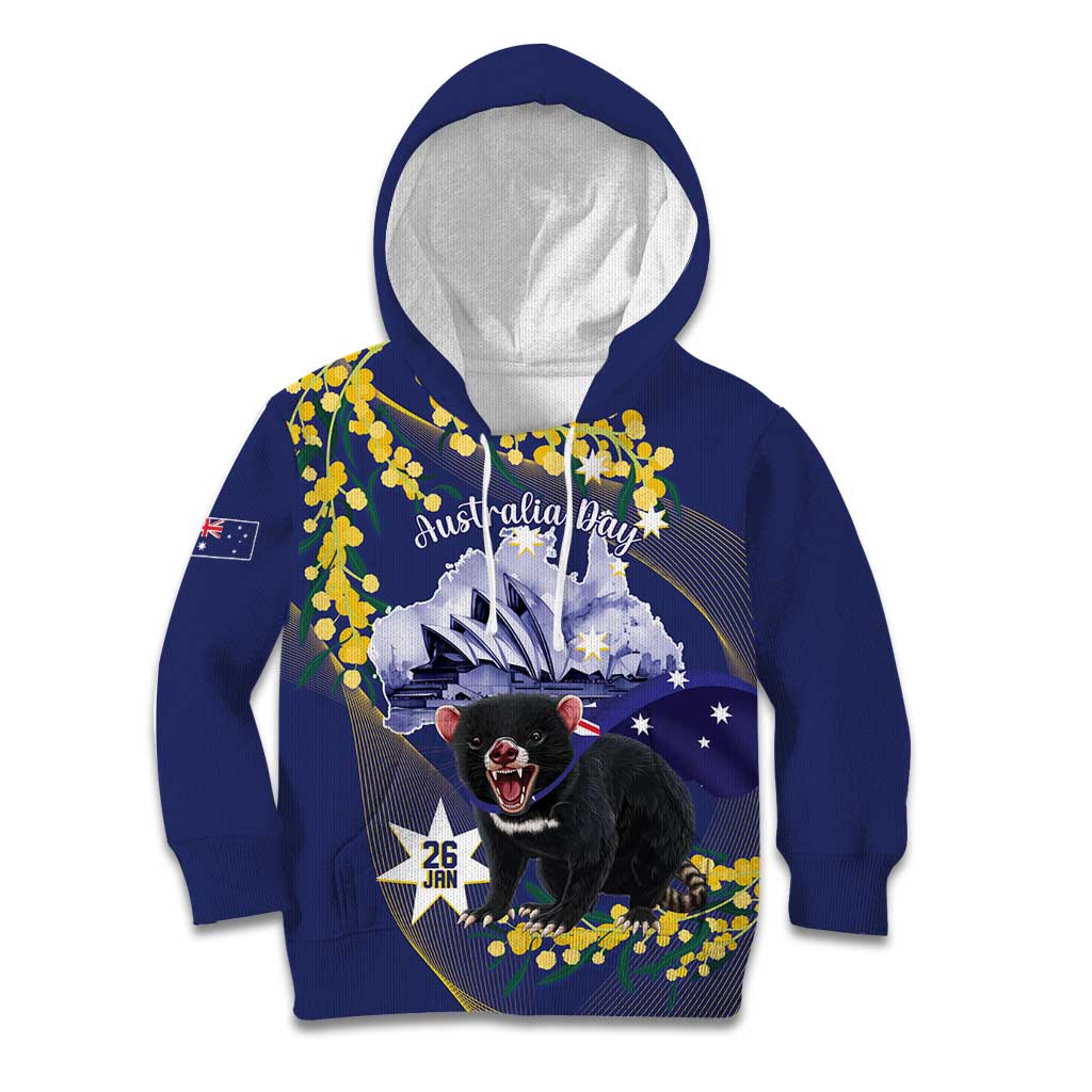 Tasimania Devil Australia Day Kid Hoodie Aussie Aussie Aussie Oi! Oi! Oi! - Blue - Vibe Hoodie Shop