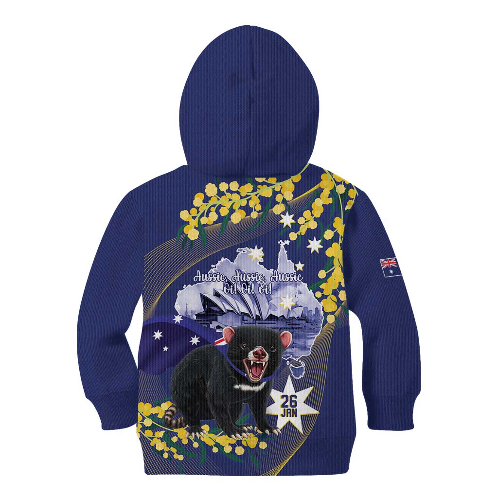 Tasimania Devil Australia Day Kid Hoodie Aussie Aussie Aussie Oi! Oi! Oi! - Blue - Vibe Hoodie Shop