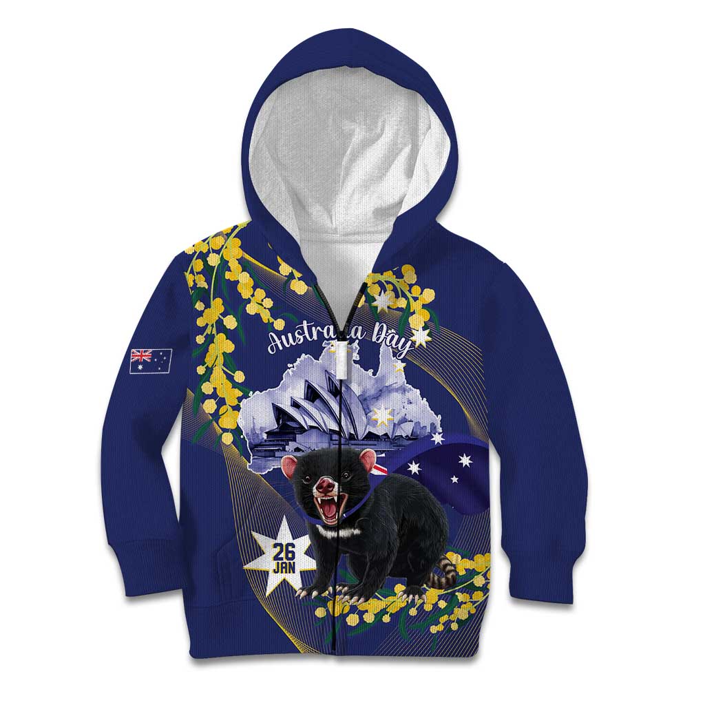 Tasimania Devil Australia Day Kid Hoodie Aussie Aussie Aussie Oi! Oi! Oi! - Blue - Vibe Hoodie Shop