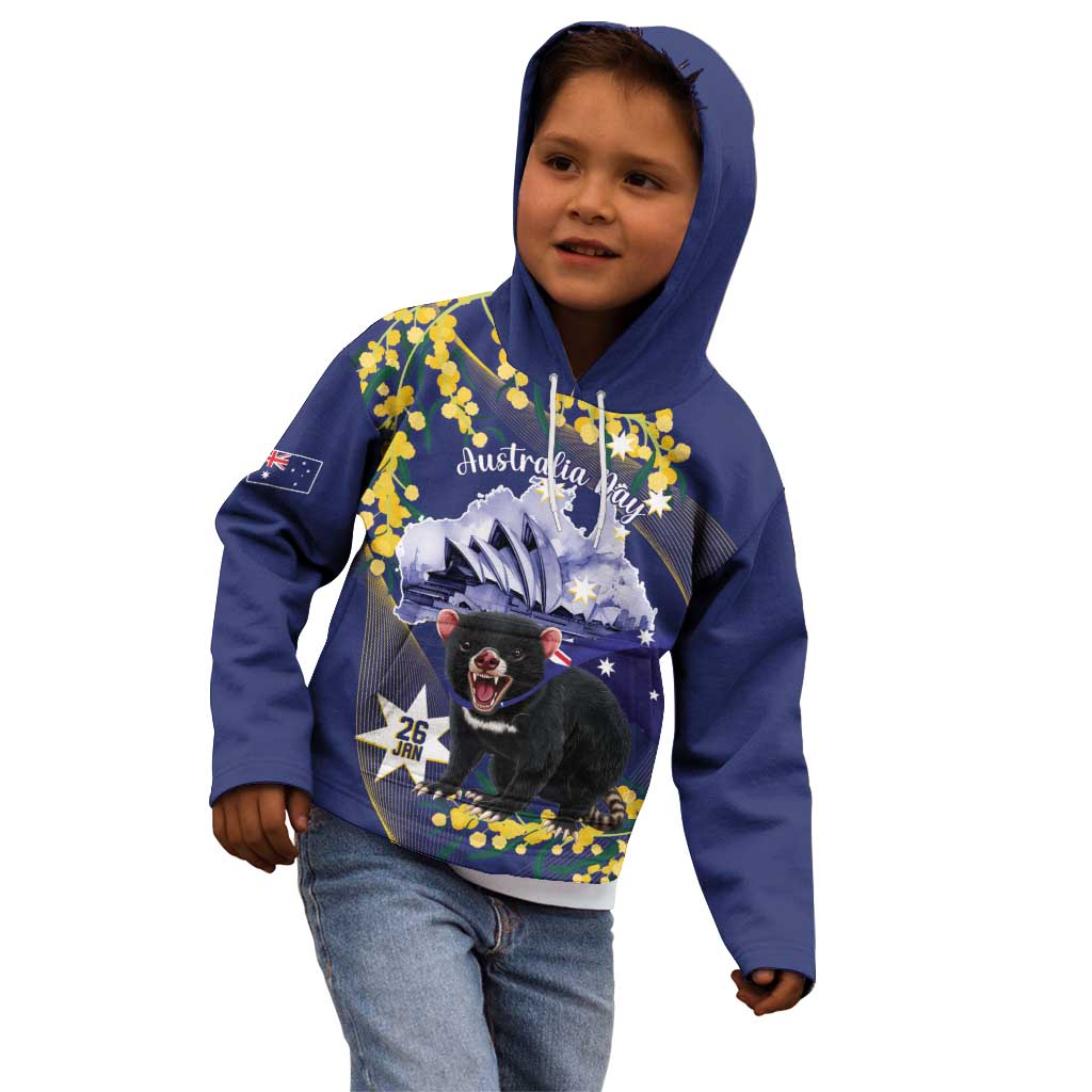 Tasimania Devil Australia Day Kid Hoodie Aussie Aussie Aussie Oi! Oi! Oi! - Blue - Vibe Hoodie Shop