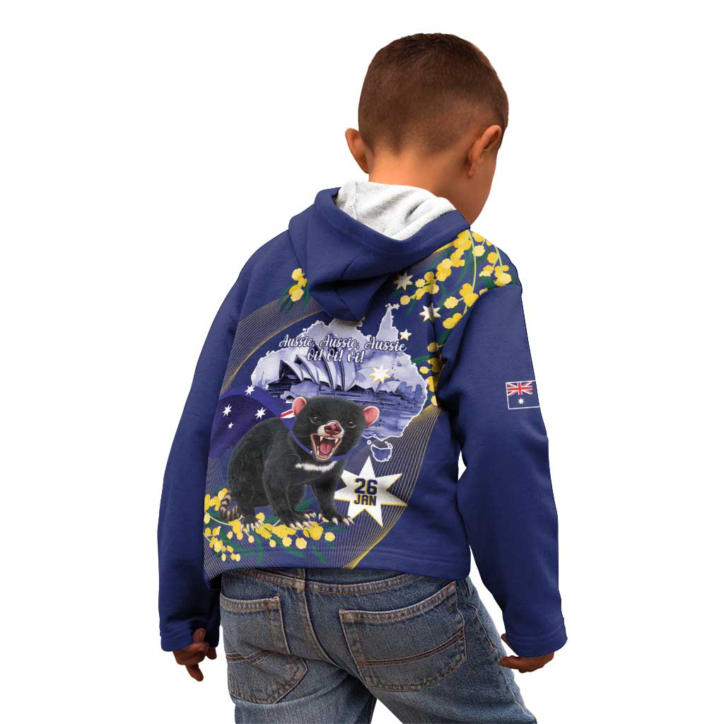 Tasimania Devil Australia Day Kid Hoodie Aussie Aussie Aussie Oi! Oi! Oi! - Blue - Vibe Hoodie Shop