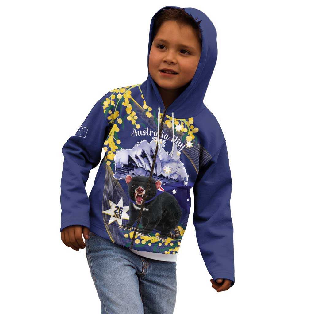 Tasimania Devil Australia Day Kid Hoodie Aussie Aussie Aussie Oi! Oi! Oi! - Blue - Vibe Hoodie Shop