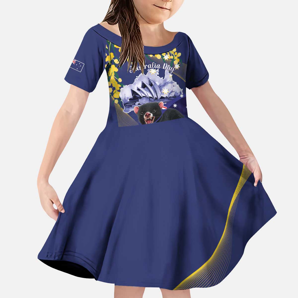 Tasimania Devil Australia Day Kid Short Sleeve Dress Aussie Aussie Aussie Oi! Oi! Oi! - Blue - Vibe Hoodie Shop