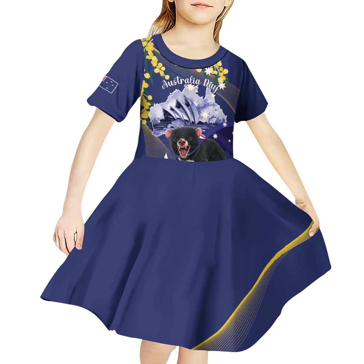 Tasimania Devil Australia Day Kid Short Sleeve Dress Aussie Aussie Aussie Oi! Oi! Oi! - Blue - Vibe Hoodie Shop