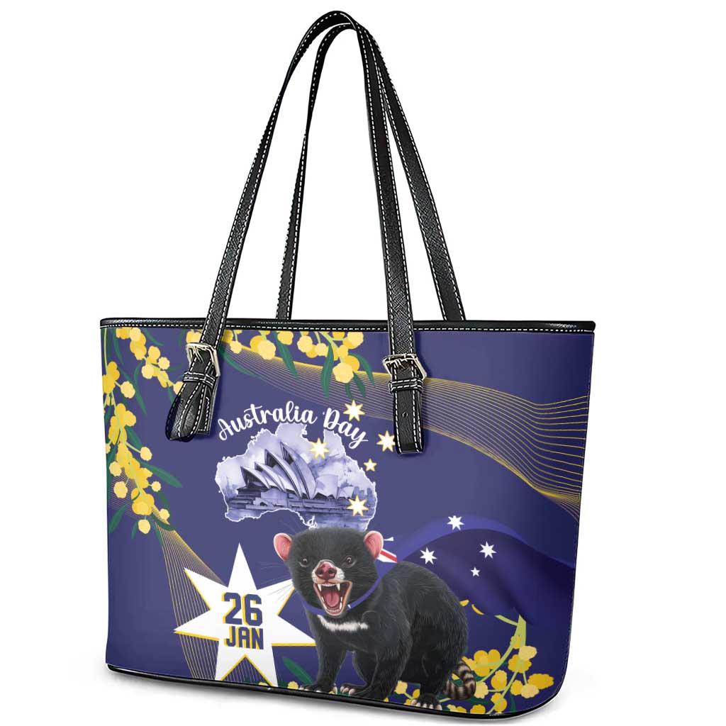 Tasimania Devil Australia Day Leather Tote Bag Aussie Aussie Aussie Oi! Oi! Oi! - Blue