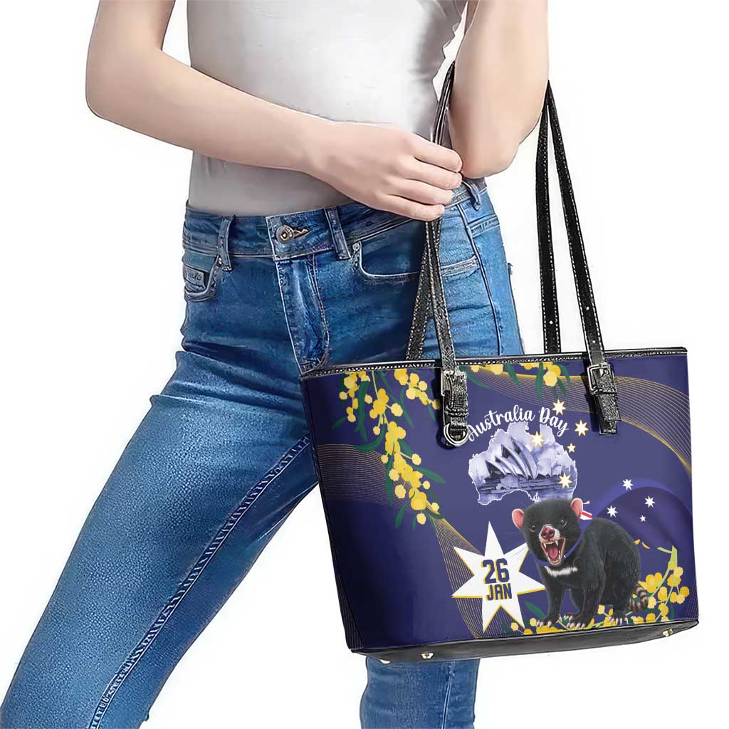 Tasimania Devil Australia Day Leather Tote Bag Aussie Aussie Aussie Oi! Oi! Oi! - Blue