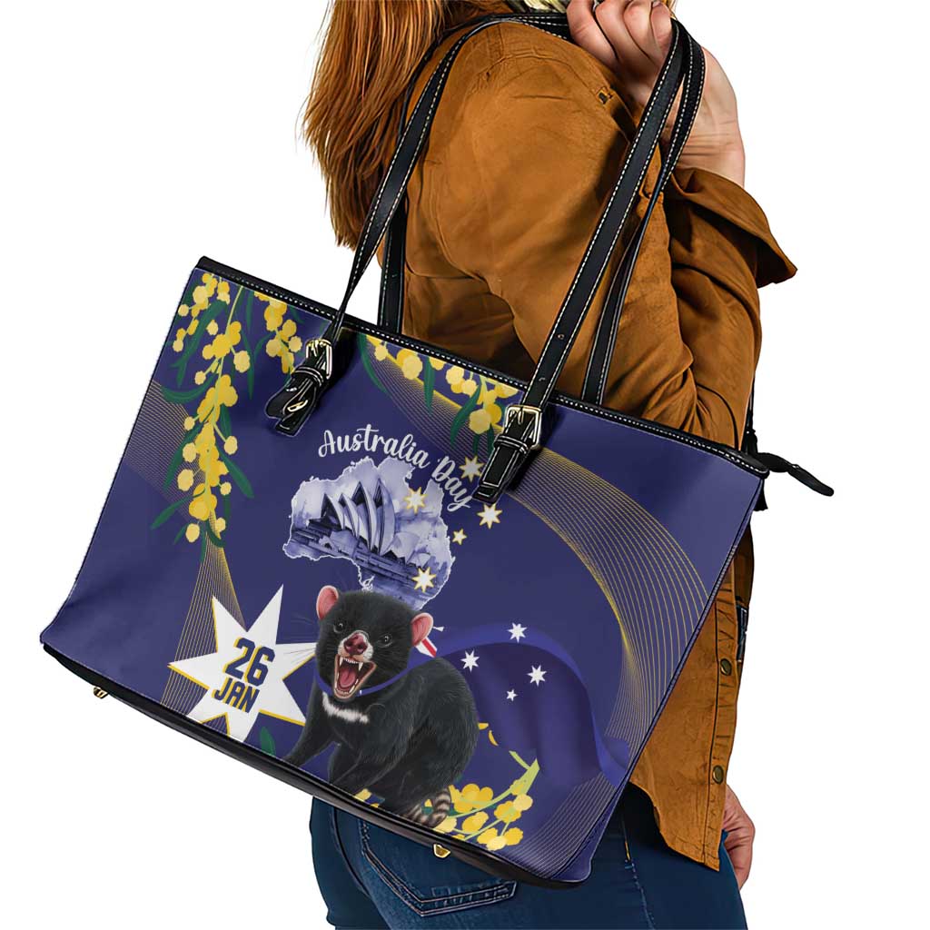 Tasimania Devil Australia Day Leather Tote Bag Aussie Aussie Aussie Oi! Oi! Oi! - Blue