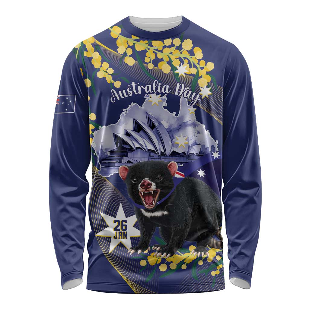 Tasimania Devil Australia Day Long Sleeve Shirt Aussie Aussie Aussie Oi! Oi! Oi! - Blue - Vibe Hoodie Shop