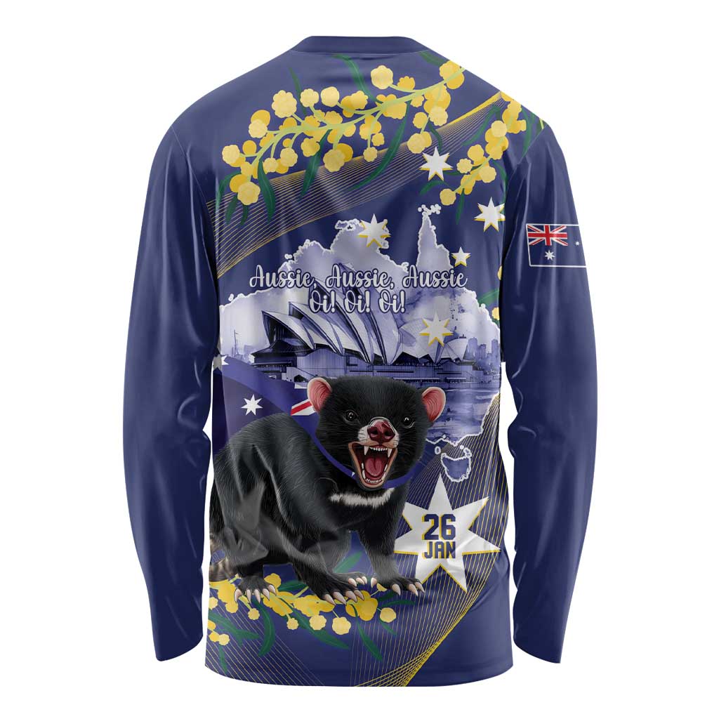 Tasimania Devil Australia Day Long Sleeve Shirt Aussie Aussie Aussie Oi! Oi! Oi! - Blue - Vibe Hoodie Shop