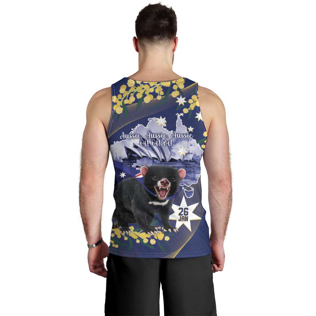 Tasimania Devil Australia Day Men Tank Top Aussie Aussie Aussie Oi! Oi! Oi! - Blue - Vibe Hoodie Shop