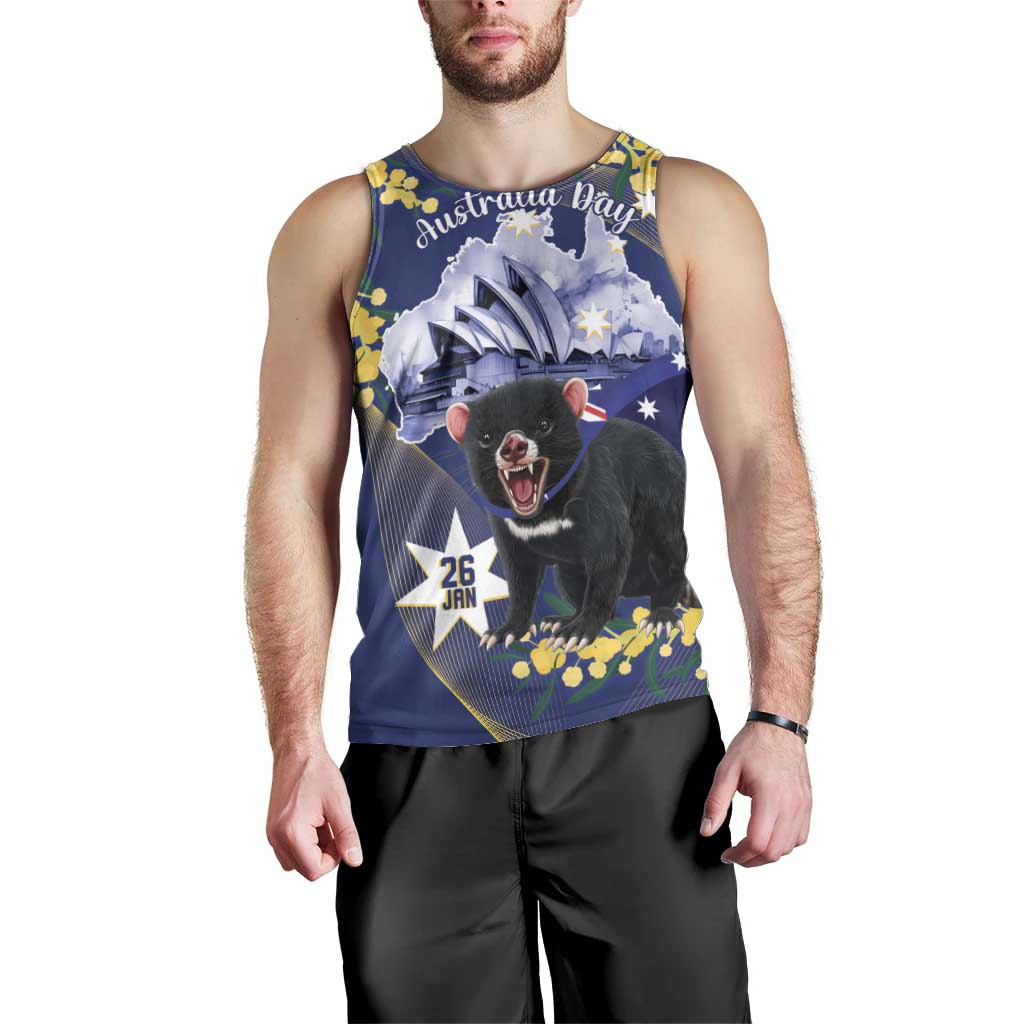 Tasimania Devil Australia Day Men Tank Top Aussie Aussie Aussie Oi! Oi! Oi! - Blue - Vibe Hoodie Shop