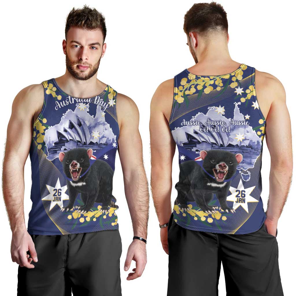 Tasimania Devil Australia Day Men Tank Top Aussie Aussie Aussie Oi! Oi! Oi! - Blue - Vibe Hoodie Shop