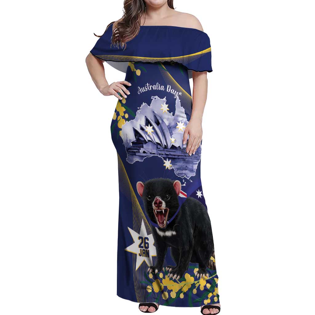 Tasimania Devil Australia Day Off Shoulder Maxi Dress Aussie Aussie Aussie Oi! Oi! Oi! - Blue