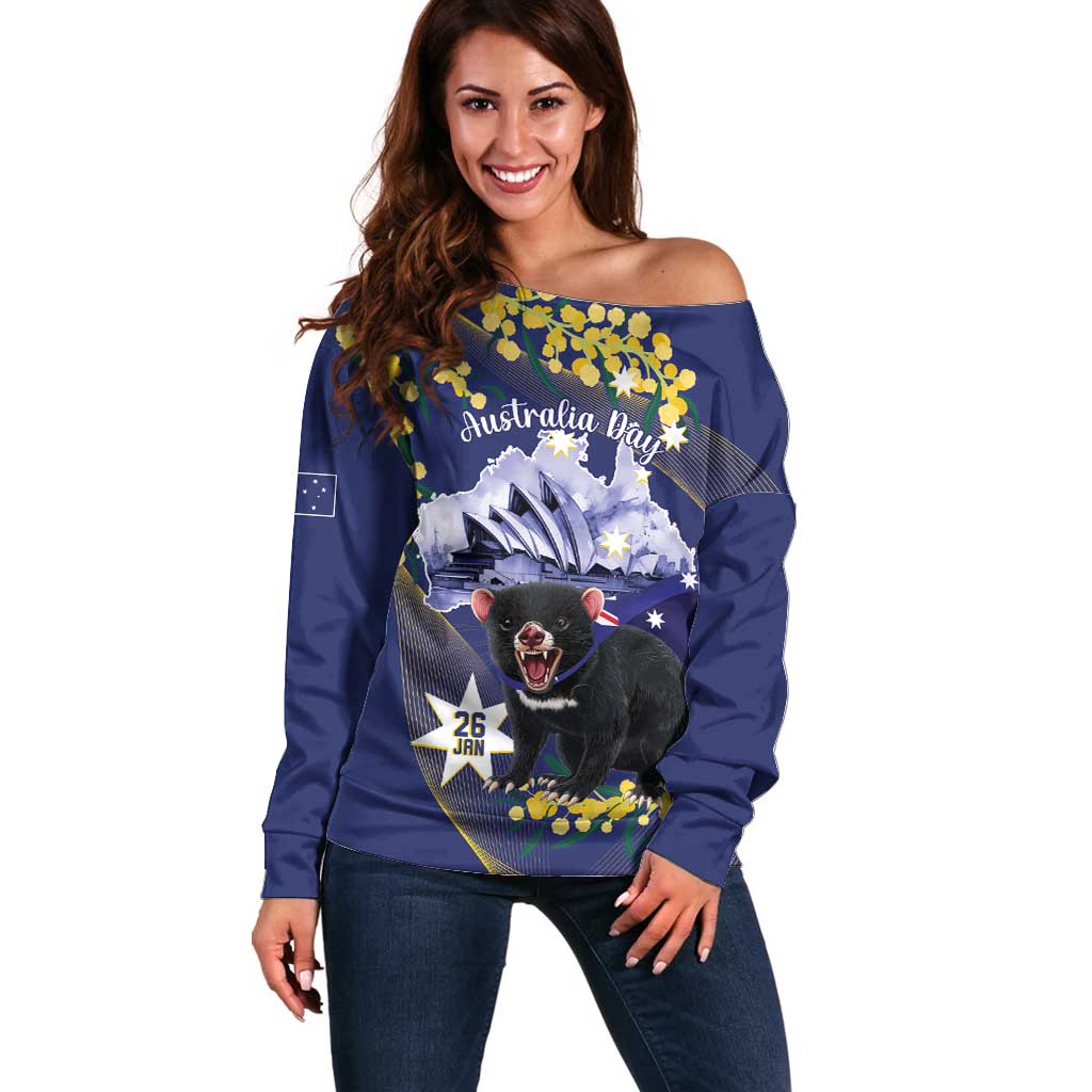 Tasimania Devil Australia Day Off Shoulder Sweater Aussie Aussie Aussie Oi! Oi! Oi! - Blue - Vibe Hoodie Shop