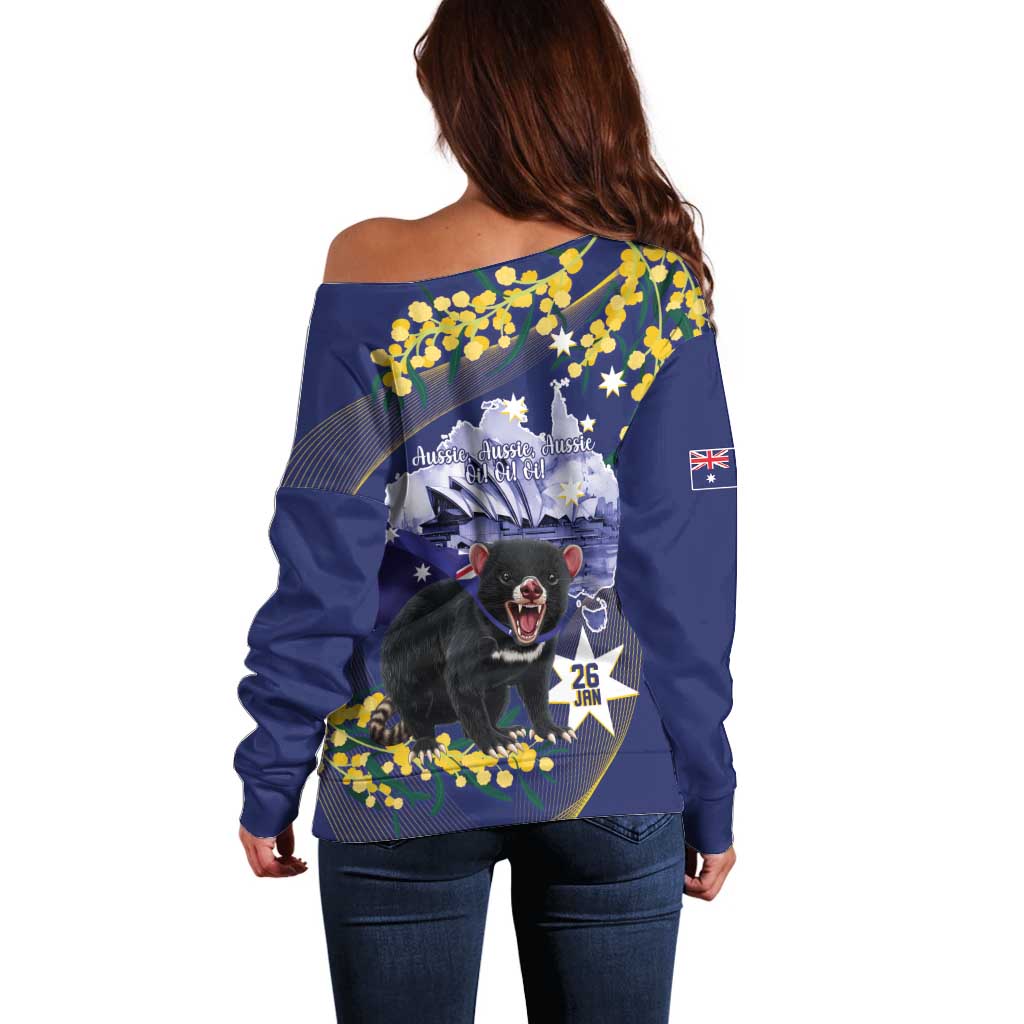 Tasimania Devil Australia Day Off Shoulder Sweater Aussie Aussie Aussie Oi! Oi! Oi! - Blue - Vibe Hoodie Shop