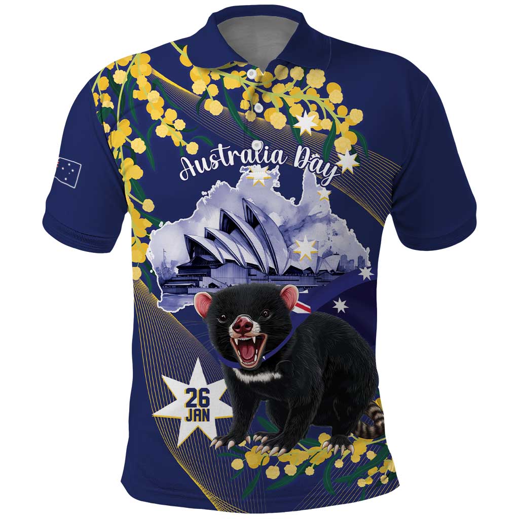 Tasimania Devil Australia Day Polo Shirt Aussie Aussie Aussie Oi! Oi! Oi! - Blue - Vibe Hoodie Shop