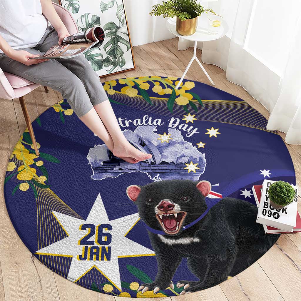 Tasimania Devil Australia Day Round Carpet Aussie Aussie Aussie Oi! Oi! Oi! - Blue