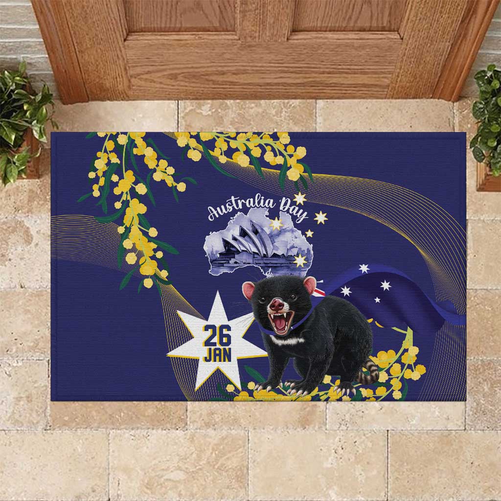 Tasimania Devil Australia Day Rubber Doormat Aussie Aussie Aussie Oi! Oi! Oi! - Blue