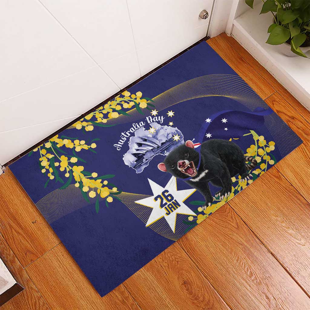 Tasimania Devil Australia Day Rubber Doormat Aussie Aussie Aussie Oi! Oi! Oi! - Blue