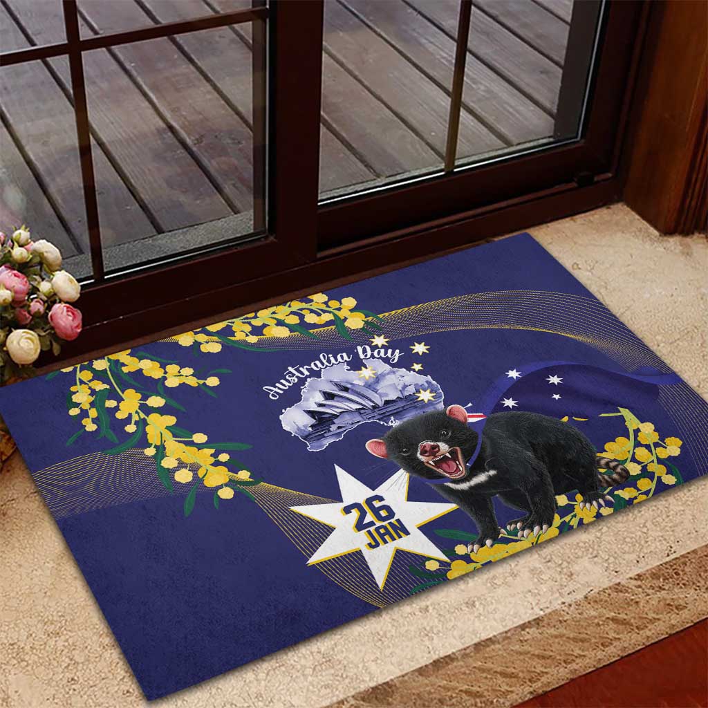 Tasimania Devil Australia Day Rubber Doormat Aussie Aussie Aussie Oi! Oi! Oi! - Blue