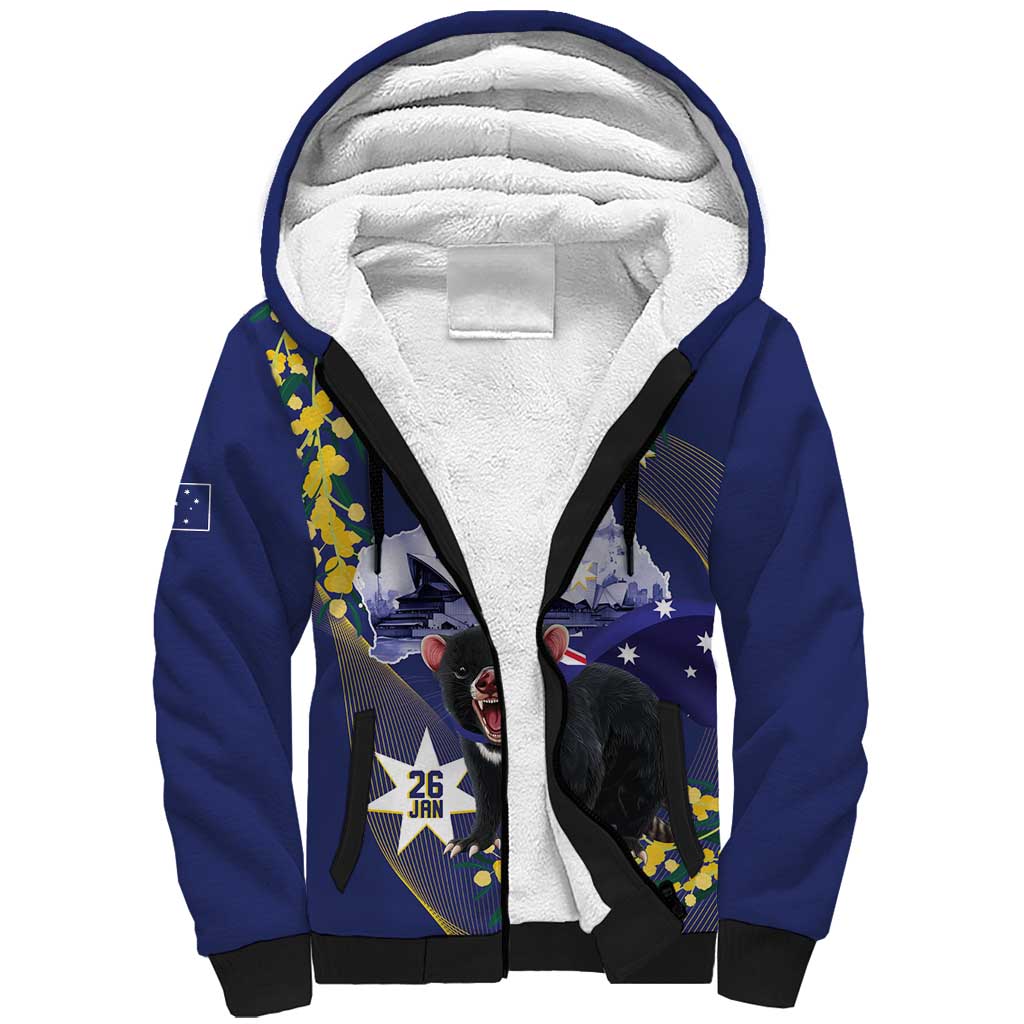 Tasimania Devil Australia Day Sherpa Hoodie Aussie Aussie Aussie Oi! Oi! Oi! - Blue - Vibe Hoodie Shop