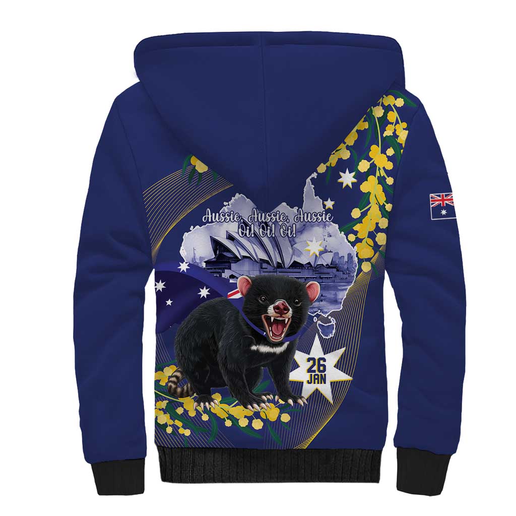 Tasimania Devil Australia Day Sherpa Hoodie Aussie Aussie Aussie Oi! Oi! Oi! - Blue - Vibe Hoodie Shop