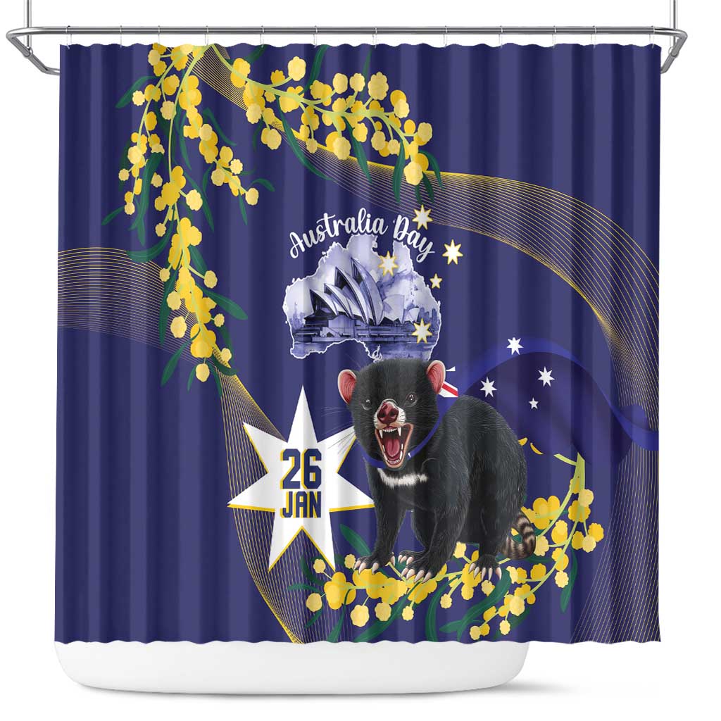 Tasimania Devil Australia Day Shower Curtain Aussie Aussie Aussie Oi! Oi! Oi! - Blue