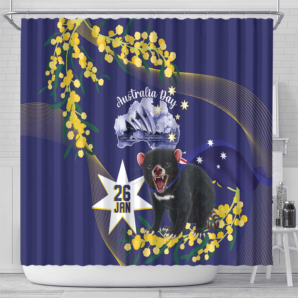 Tasimania Devil Australia Day Shower Curtain Aussie Aussie Aussie Oi! Oi! Oi! - Blue