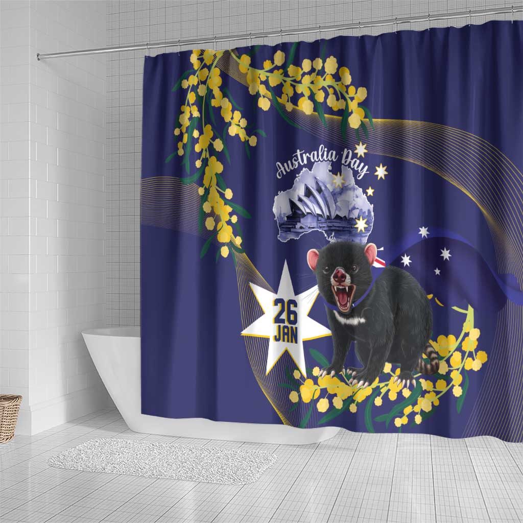 Tasimania Devil Australia Day Shower Curtain Aussie Aussie Aussie Oi! Oi! Oi! - Blue