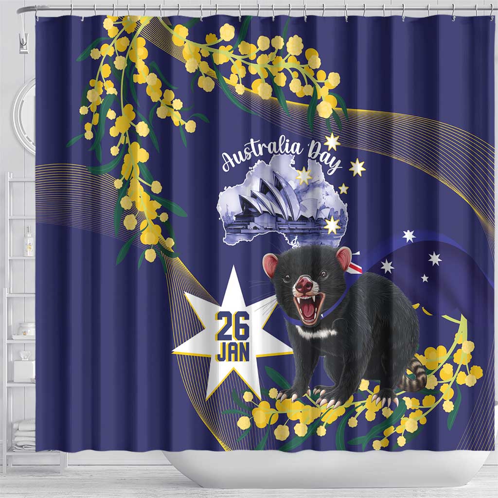 Tasimania Devil Australia Day Shower Curtain Aussie Aussie Aussie Oi! Oi! Oi! - Blue