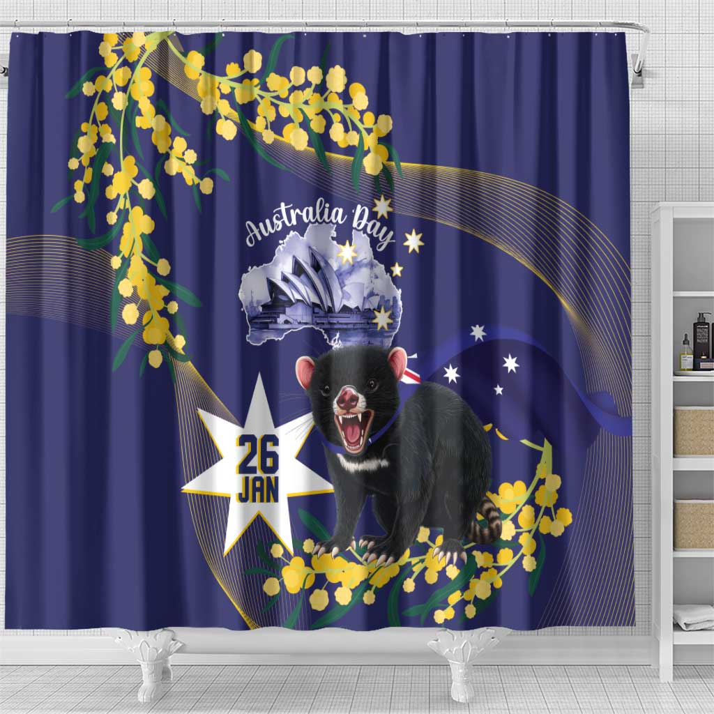 Tasimania Devil Australia Day Shower Curtain Aussie Aussie Aussie Oi! Oi! Oi! - Blue