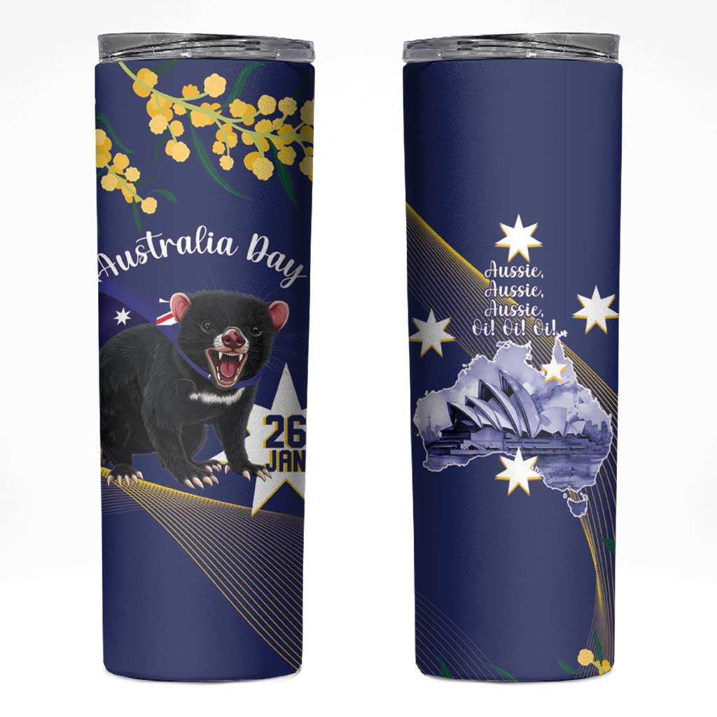 Tasimania Devil Australia Day Skinny Tumbler Aussie Aussie Aussie Oi! Oi! Oi! - Blue