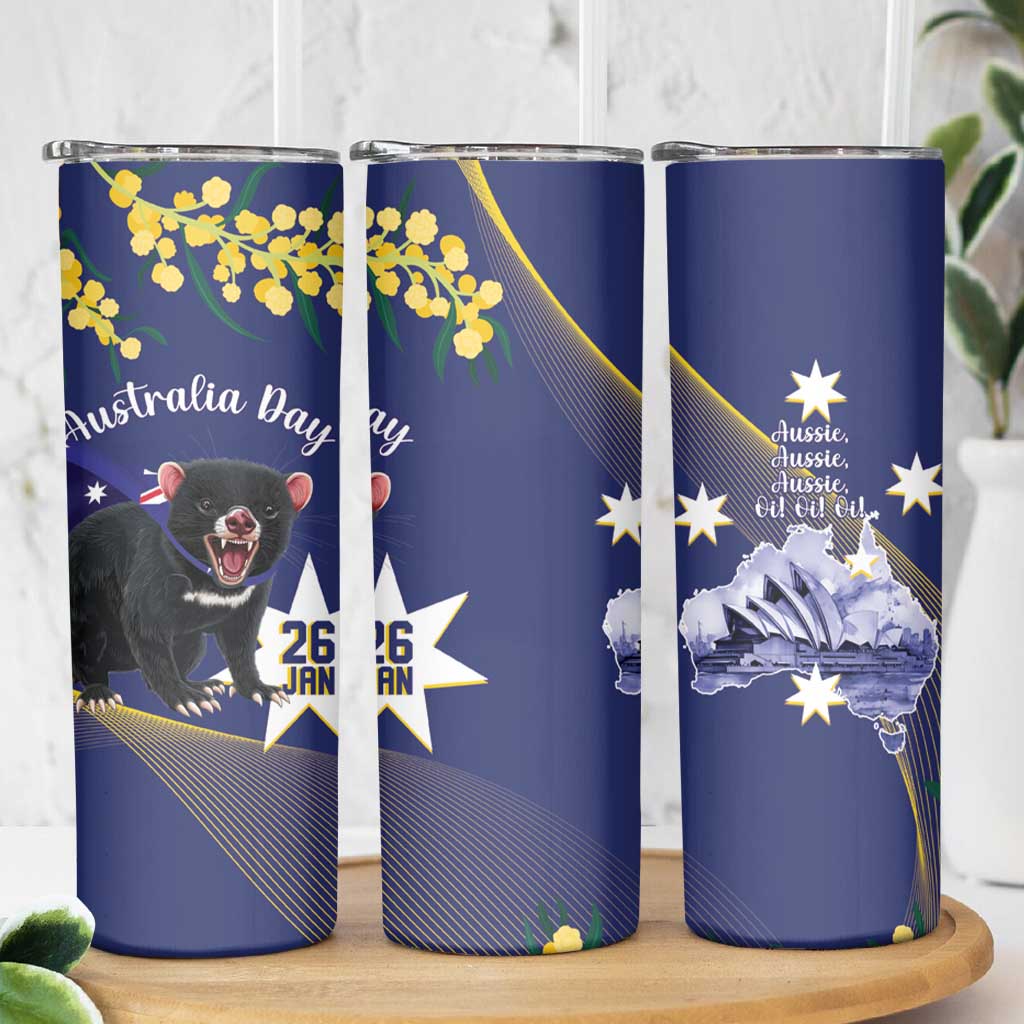 Tasimania Devil Australia Day Skinny Tumbler Aussie Aussie Aussie Oi! Oi! Oi! - Blue