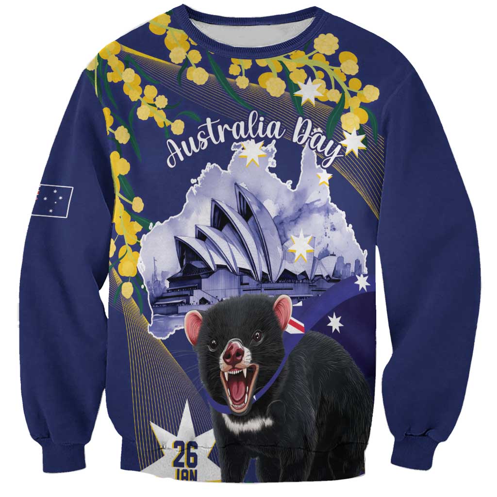 Tasimania Devil Australia Day Sweatshirt Aussie Aussie Aussie Oi! Oi! Oi! - Blue - Vibe Hoodie Shop