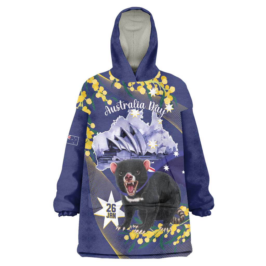 Tasimania Devil Australia Day Wearable Blanket Hoodie Aussie Aussie Aussie Oi! Oi! Oi! - Blue - Vibe Hoodie Shop