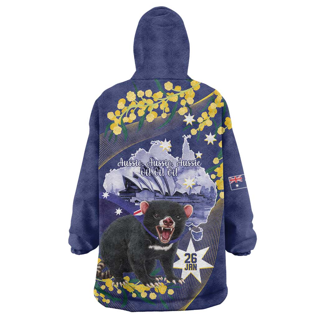 Tasimania Devil Australia Day Wearable Blanket Hoodie Aussie Aussie Aussie Oi! Oi! Oi! - Blue - Vibe Hoodie Shop