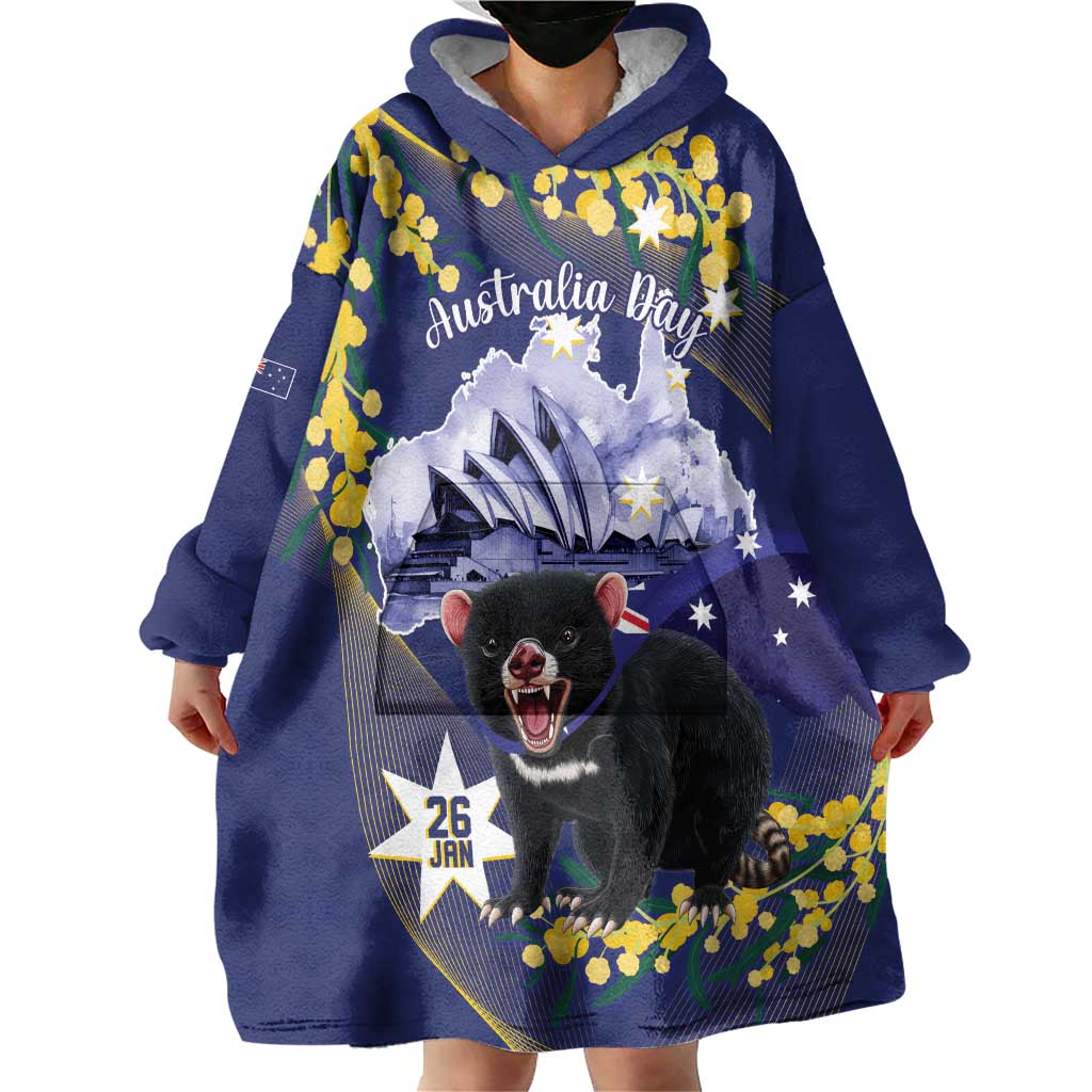 Tasimania Devil Australia Day Wearable Blanket Hoodie Aussie Aussie Aussie Oi! Oi! Oi! - Blue - Vibe Hoodie Shop