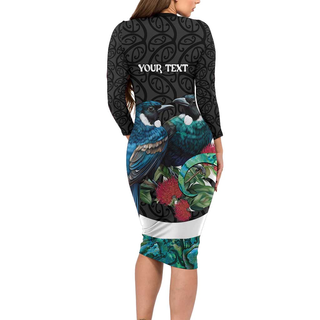 Personalised Valentine's Day New Zealand Family Matching Long Sleeve Bodycon Dress and Hawaiian Shirt Tui Bird Couple Kowhaiwhai Mix Pohutukawa