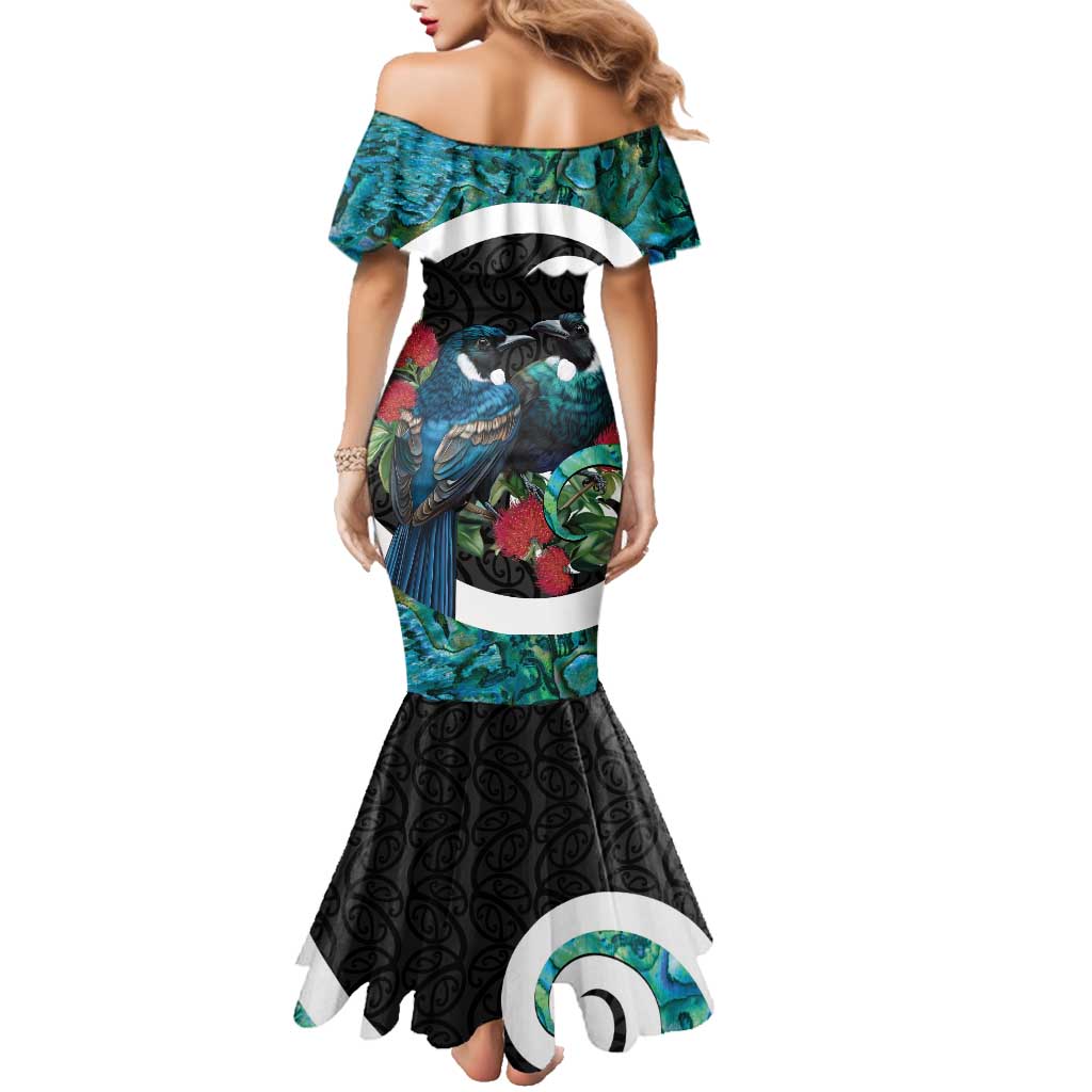 Personalised Valentine's Day New Zealand Family Matching Mermaid Dress and Hawaiian Shirt Tui Bird Couple Kowhaiwhai Mix Pohutukawa