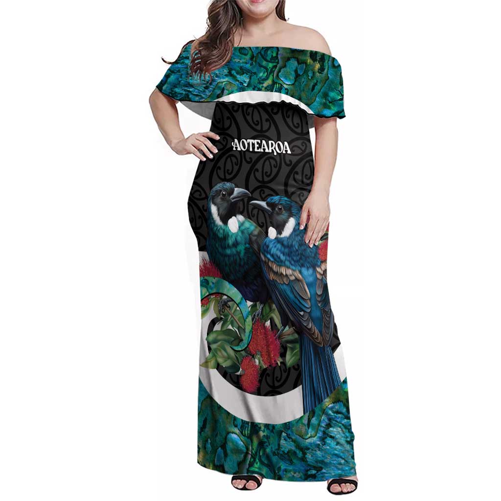 Personalised Valentine's Day New Zealand Family Matching Off Shoulder Maxi Dress and Hawaiian Shirt Tui Bird Couple Kowhaiwhai Mix Pohutukawa