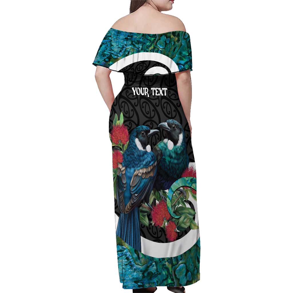 Personalised Valentine's Day New Zealand Family Matching Off Shoulder Maxi Dress and Hawaiian Shirt Tui Bird Couple Kowhaiwhai Mix Pohutukawa