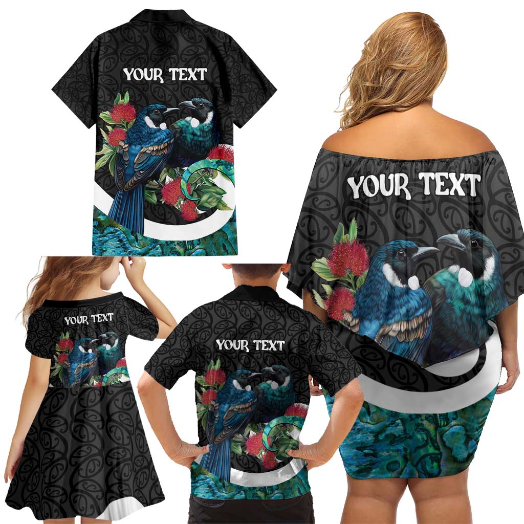 Personalised Valentine's Day New Zealand Family Matching Off Shoulder Short Dress and Hawaiian Shirt Tui Bird Couple Kowhaiwhai Mix Pohutukawa