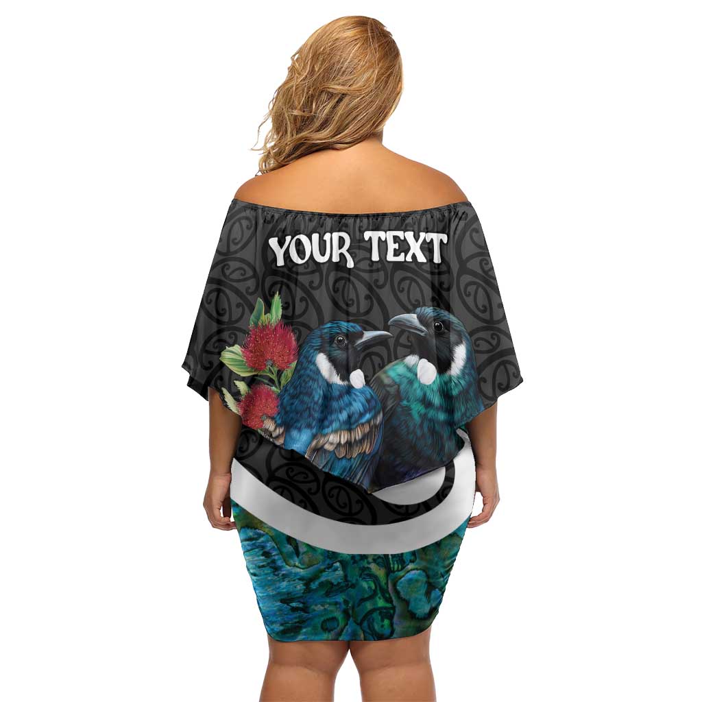 Personalised Valentine's Day New Zealand Family Matching Off Shoulder Short Dress and Hawaiian Shirt Tui Bird Couple Kowhaiwhai Mix Pohutukawa