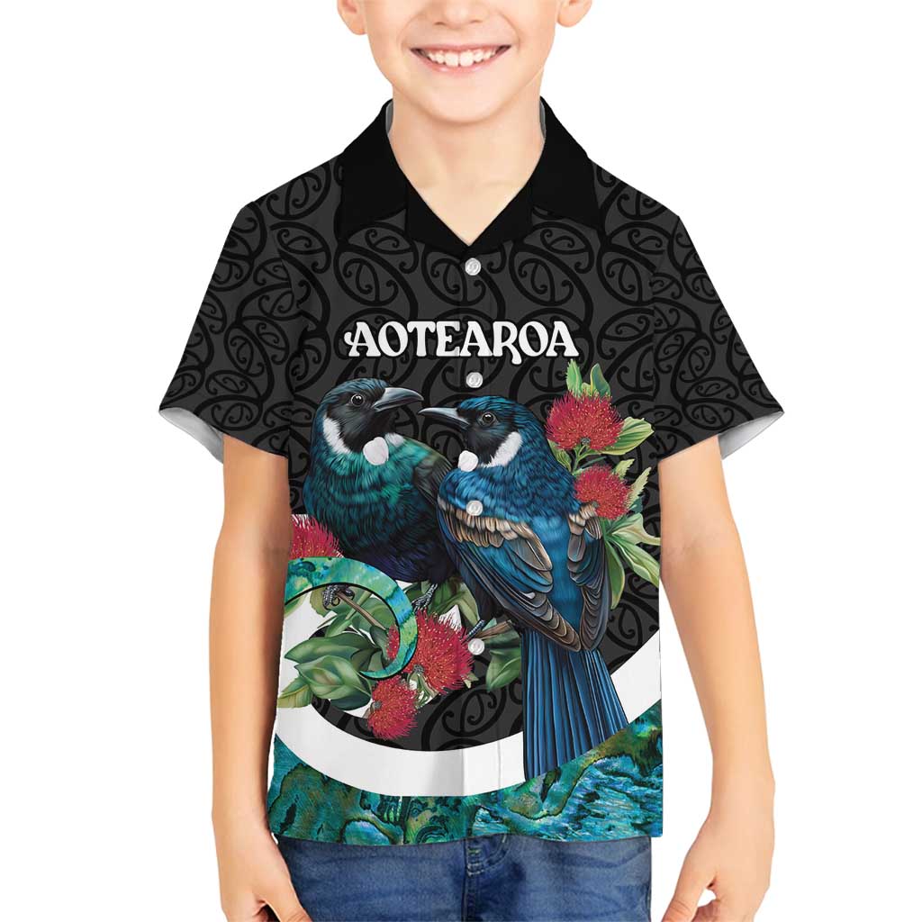 Personalised Valentine's Day New Zealand Family Matching Puletasi and Hawaiian Shirt Tui Bird Couple Kowhaiwhai Mix Pohutukawa